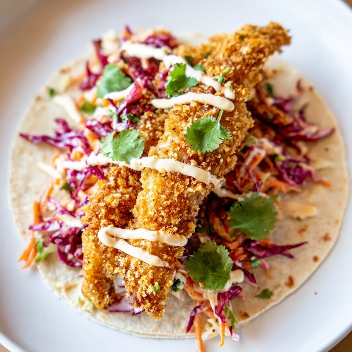 Crispy Fish Tacos with Cabbage Slaw served in warm flour tortillas, filled with golden fried cod and fresh lime slaw.