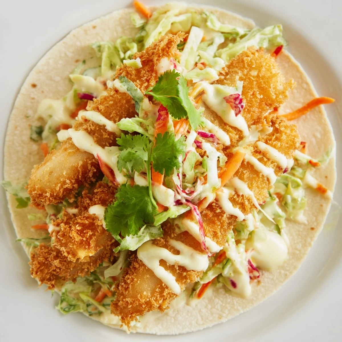 Easy weeknight Crispy Fish Tacos with Cabbage Slaw arranged with cilantro garnish and lime wedges on a rustic plate.