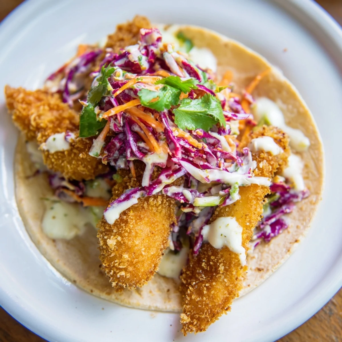 Homemade Crispy Fish Tacos with Cabbage Slaw topped with creamy sauce and avocado, ready to enjoy on a sunny patio.