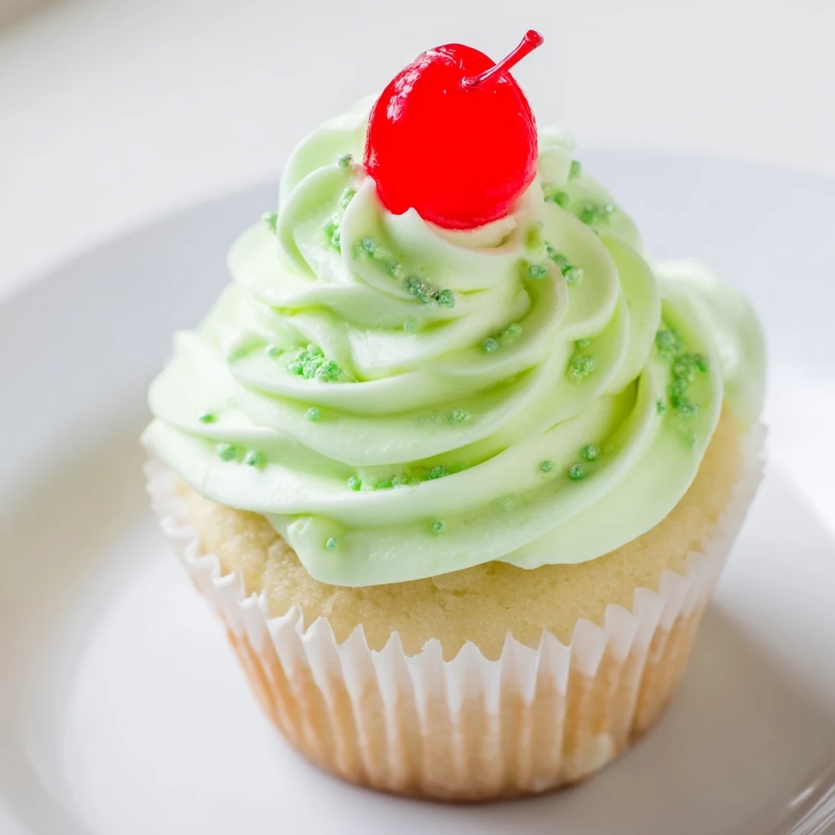 Vibrant green Shamrock Shake Cupcakes topped with fluffy whipped cream frosting and festive green sprinkles for St. Patrick's Day.