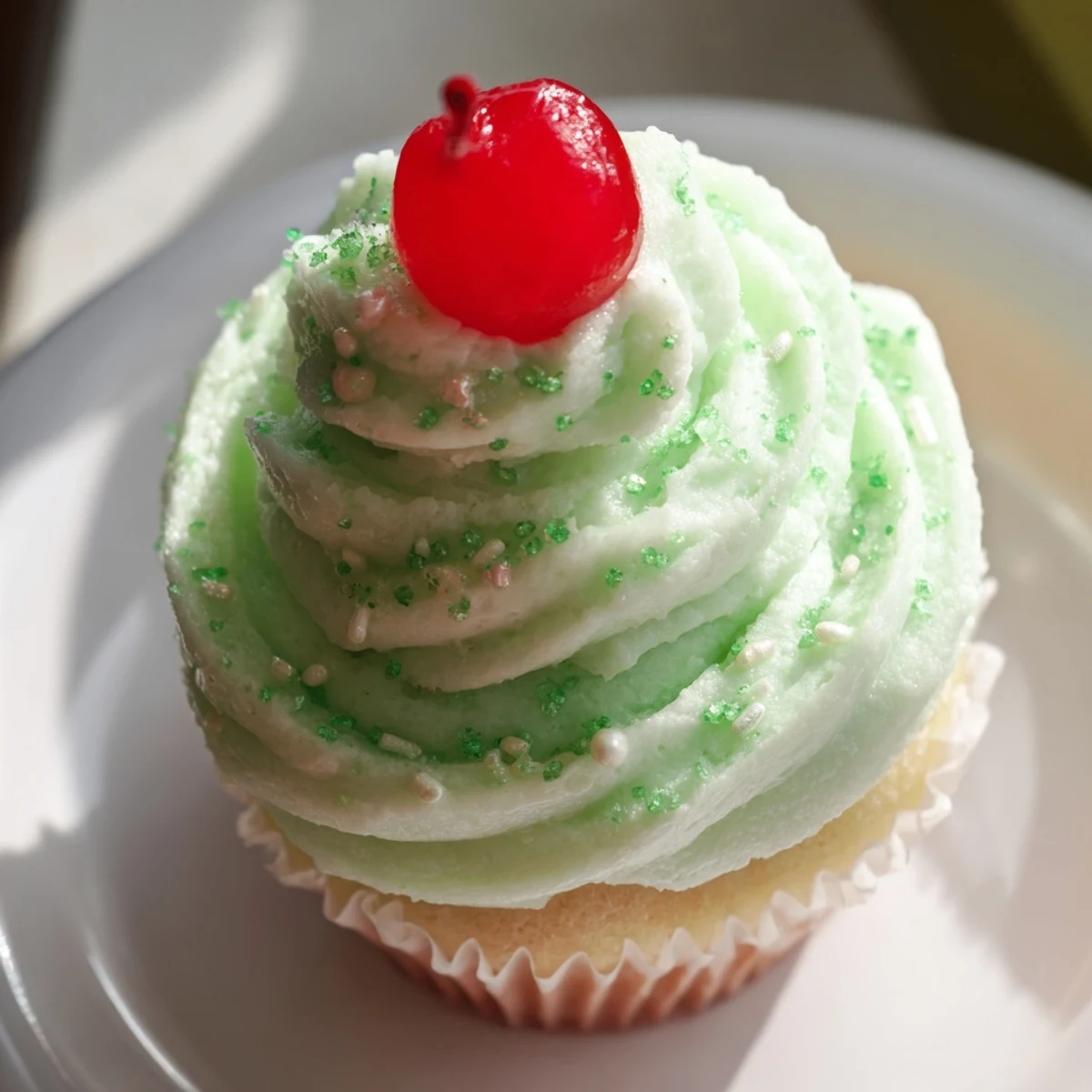 Mint-infused Shamrock Shake Cupcakes with creamy whipped frosting and maraschino cherries, perfect for St. Patrick's Day celebrations.