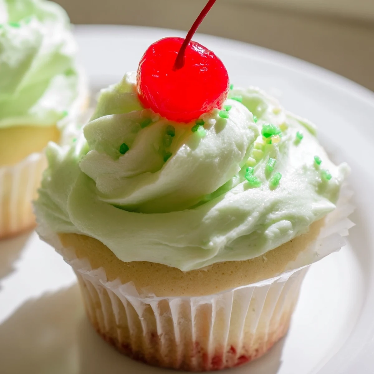 A pair of fluffy Shamrock Shake Cupcakes with mint-green frosting, ready to serve on a pastel green dessert plate.