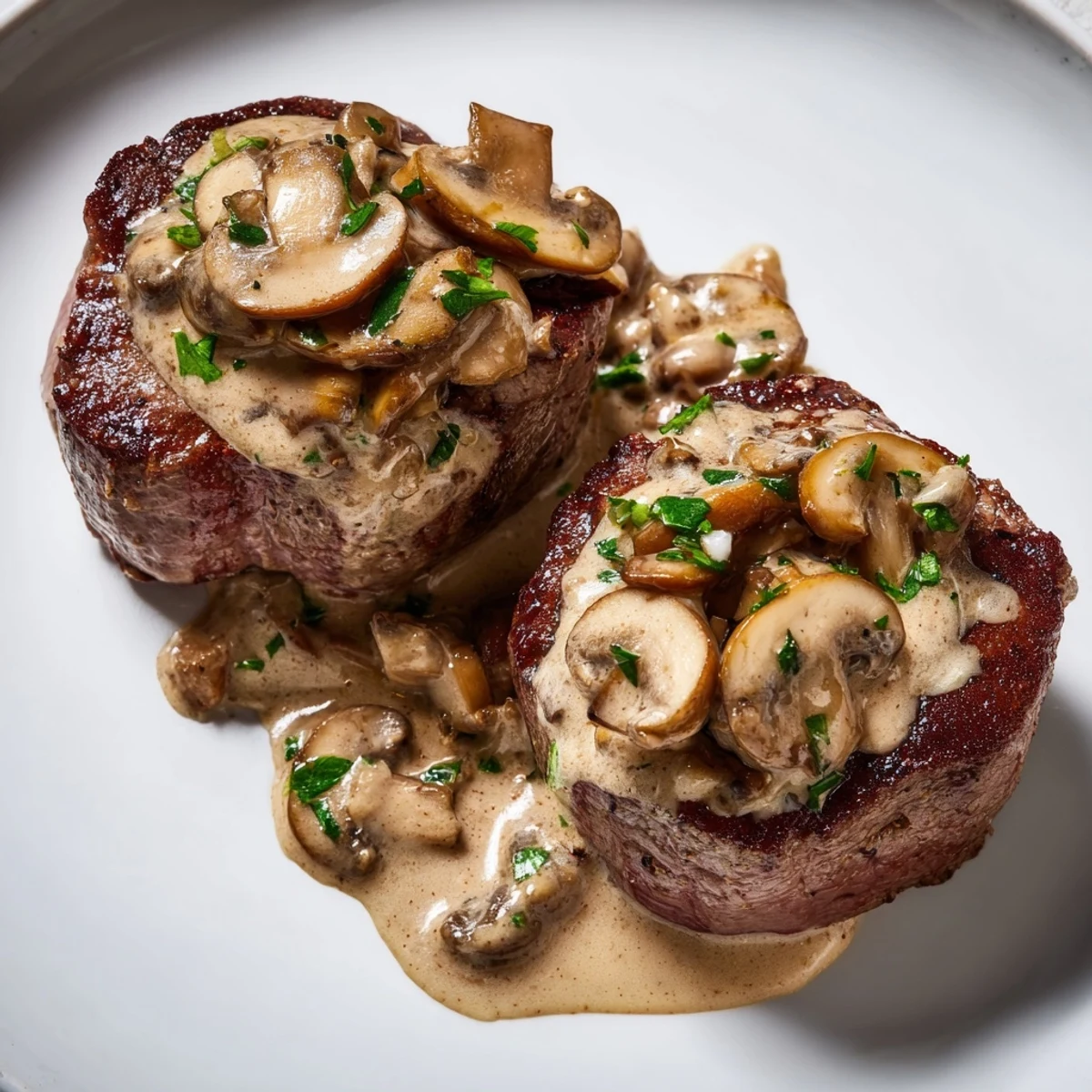 Tender Date Night Steak Diane medallions plated with roasted potatoes and greens, a romantic dinner for two idea.