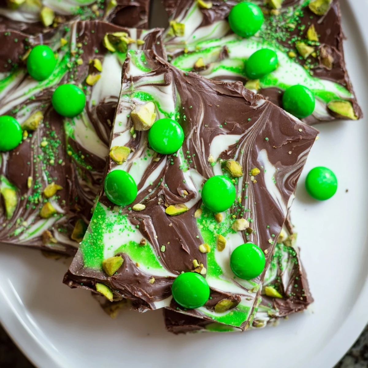 Broken St. Patricks Day Mint Chocolate Bark pieces show green candy toppings on dark and white chocolate layers.