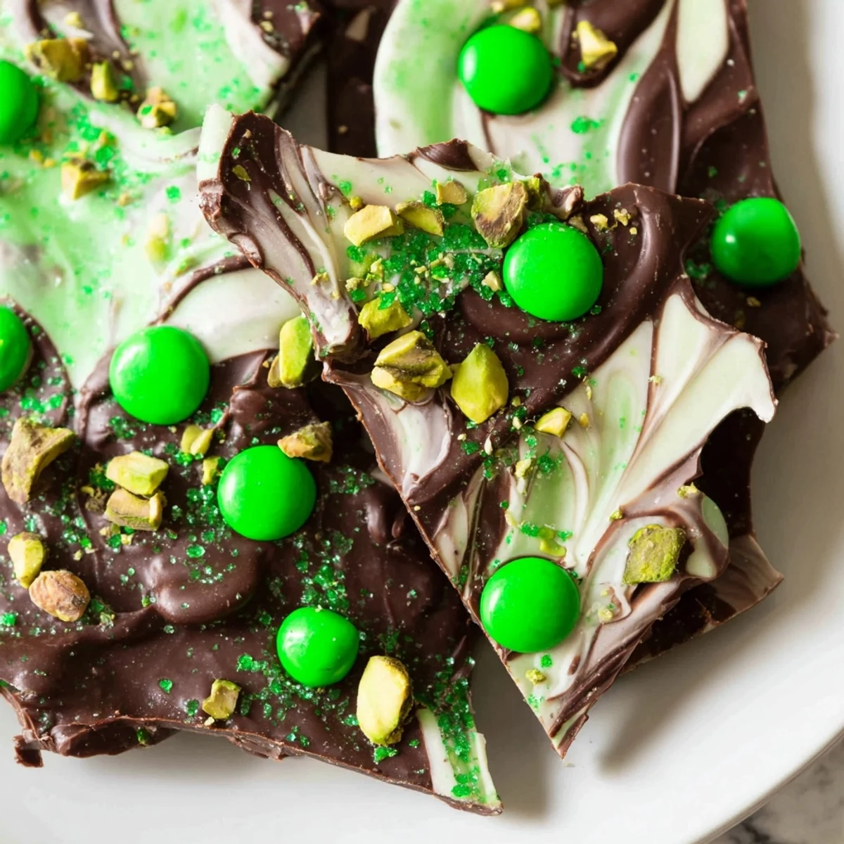 Homemade St. Patricks Day Mint Chocolate Bark cooling on parchment paper with a minty aroma ready to serve.