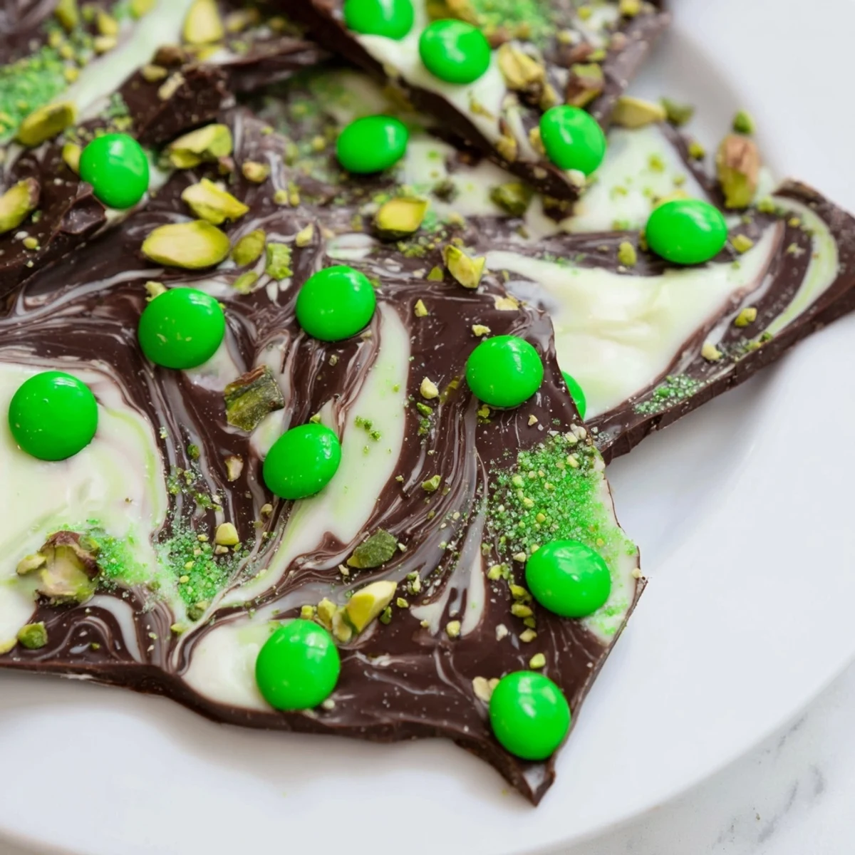 Festive St. Patricks Day Mint Chocolate Bark recipe with green sprinkles and pistachios on a marble countertop.