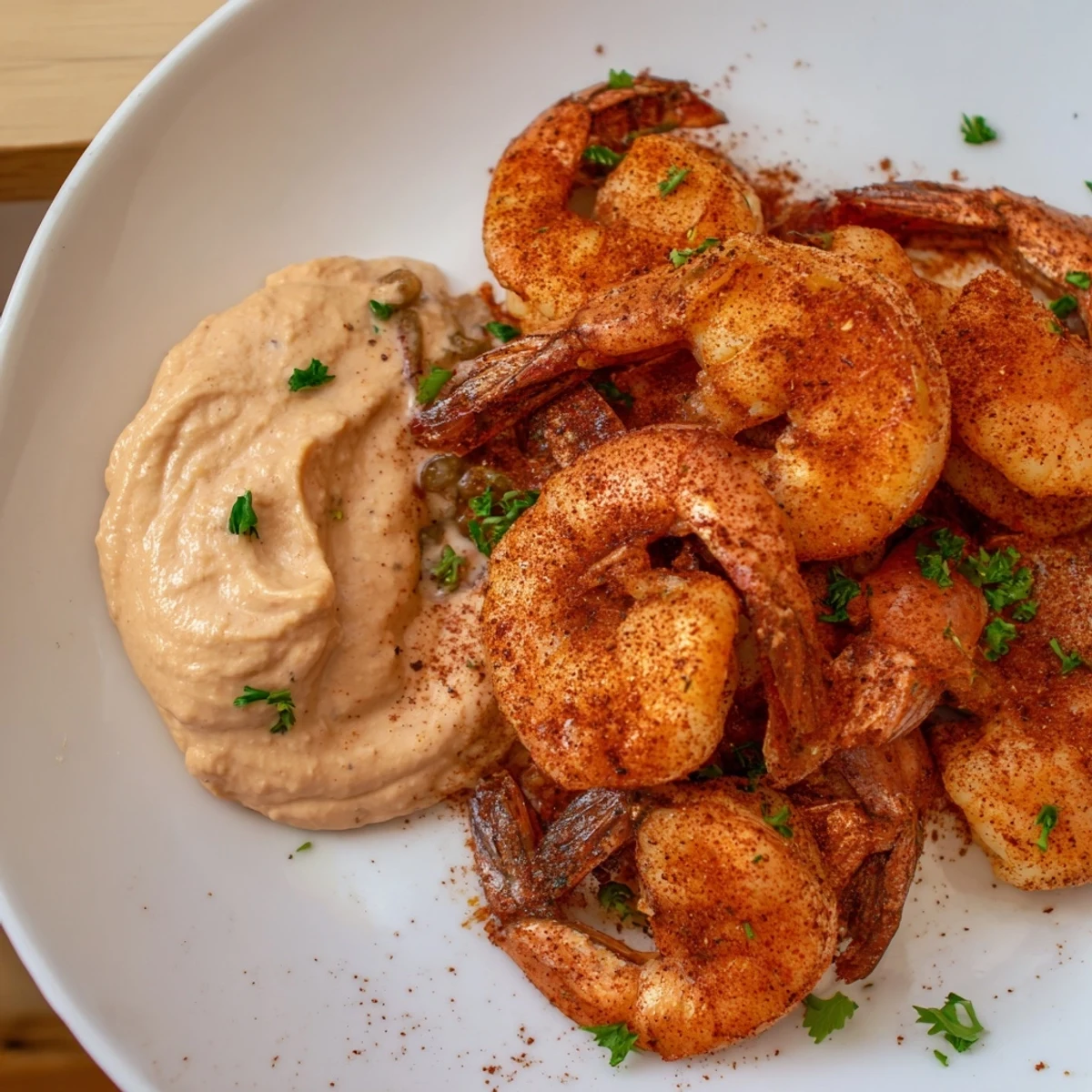 Plump, pink shrimp dipped in a creamy Cajun Remoulade Sauce, garnished with fresh parsley for a vibrant appetizer.