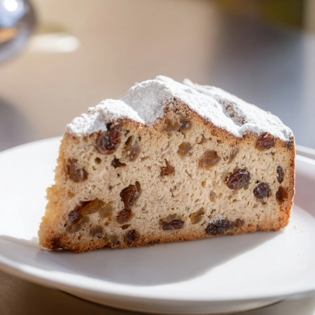 Golden Irish Tea Cake with raisins served with butter and jam on a cozy breakfast table.