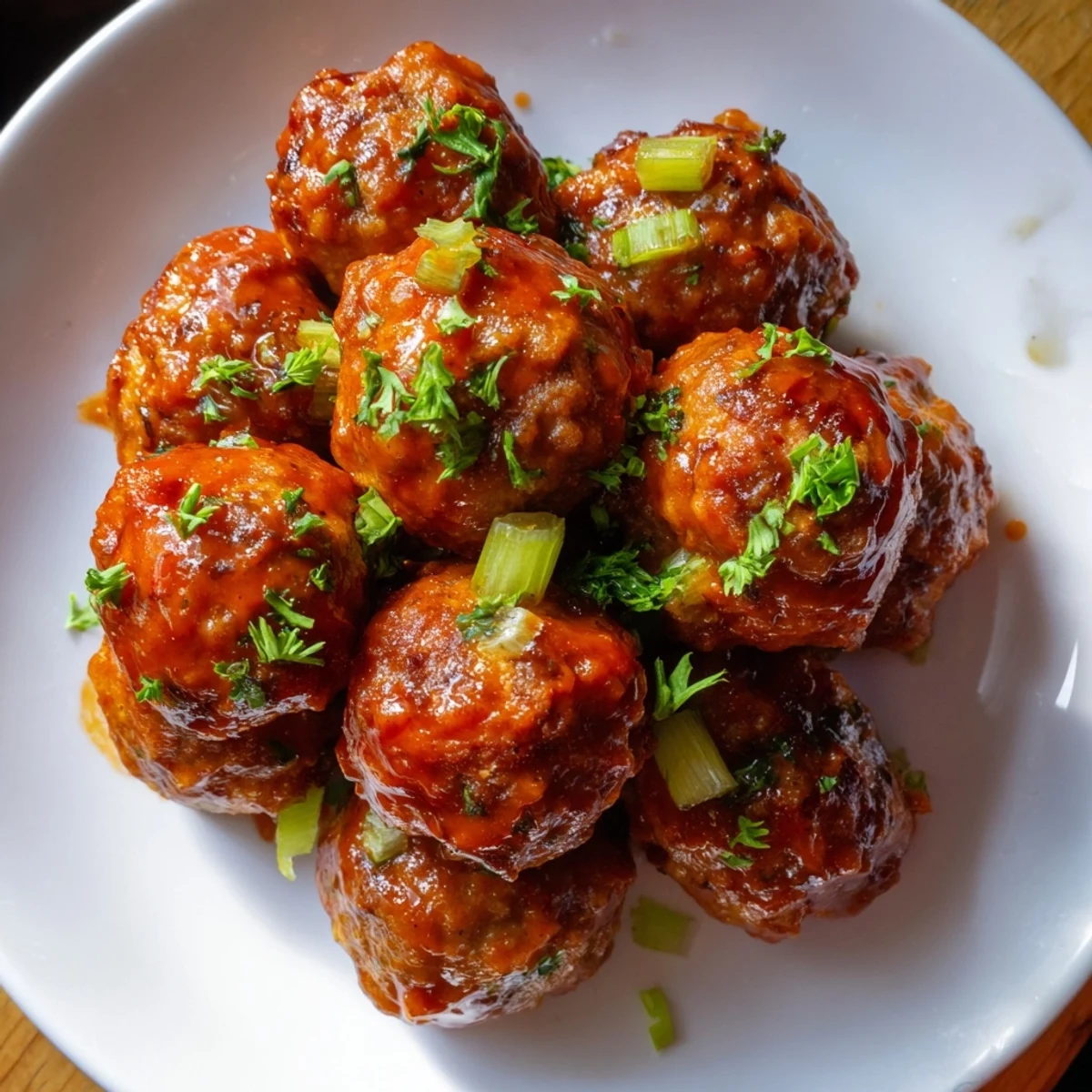 Savory Touchdown Buffalo Chicken Meatballs glistening with bright orange sauce, served with a creamy dip and fresh parsley garnish.