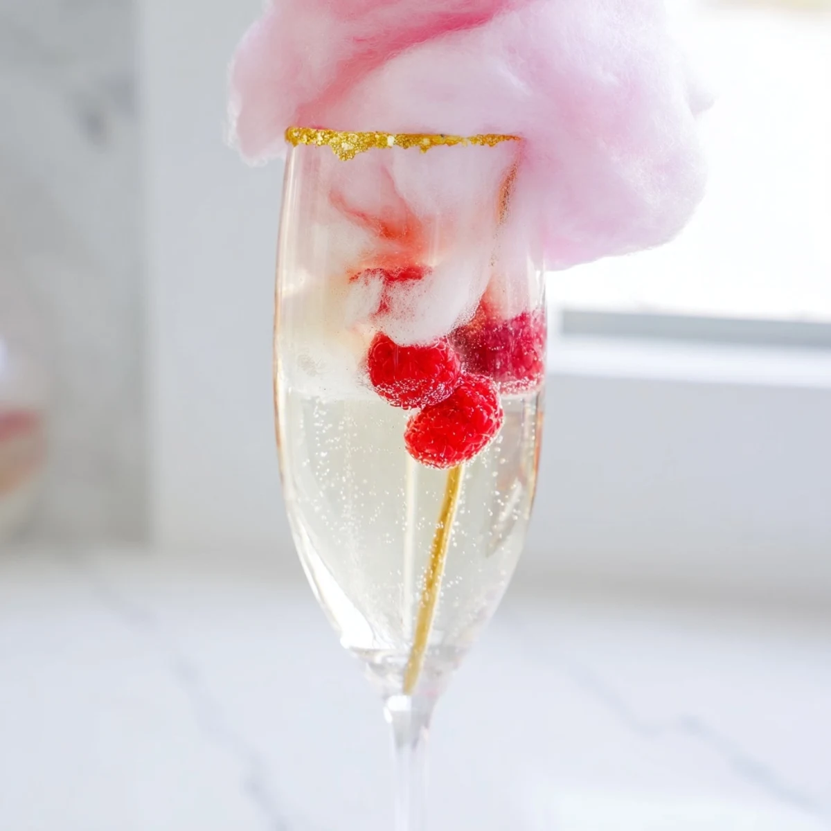 Fizzy pink champagne mocktail with fluffy cotton candy topping in a sparkling flute.