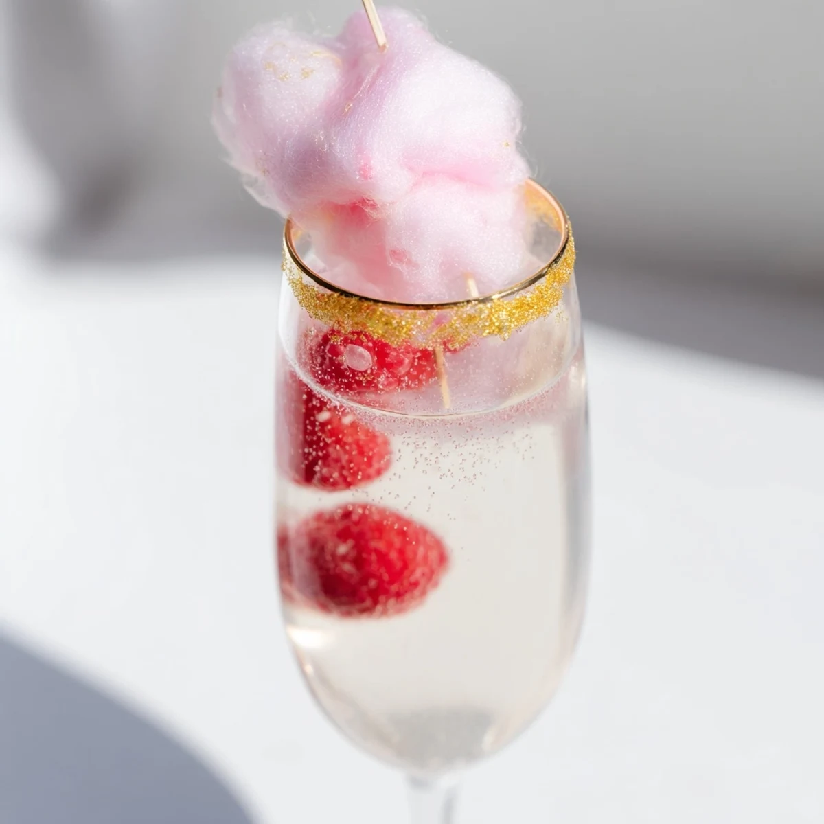 Chilled pink champagne mocktail with sparkling juice and glitter-rimmed glasses for celebration.