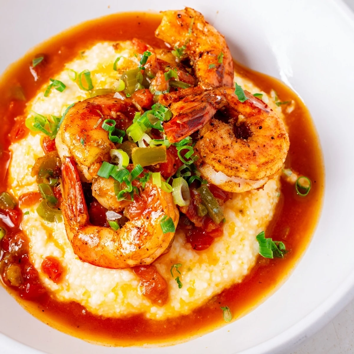Creamy cheddar grits topped with Creole Shrimp and Grits, drenched in a chunky, steaming tomato gravy.