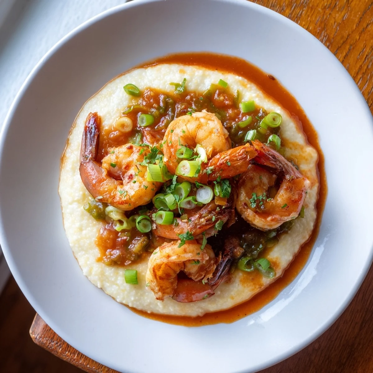 Succulent Creole Shrimp and Grits served over cheesy grits, garnished with fresh parsley and green onions.