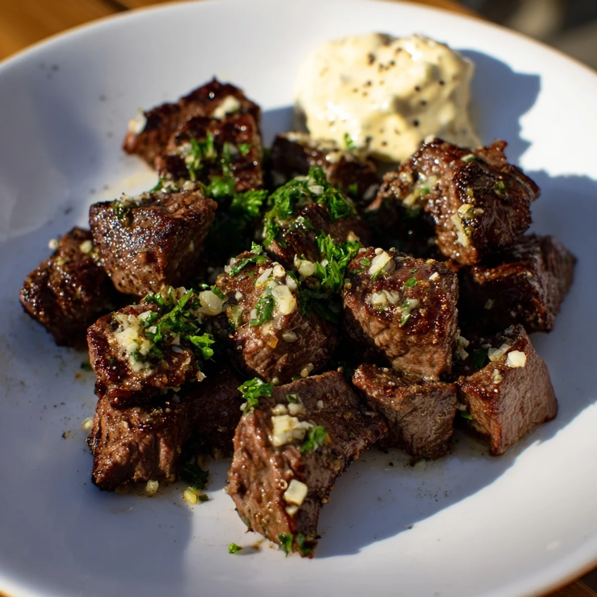 Tender Garlic Butter Steak Bites paired with a creamy horseradish sauce for a zesty, satisfying bite.