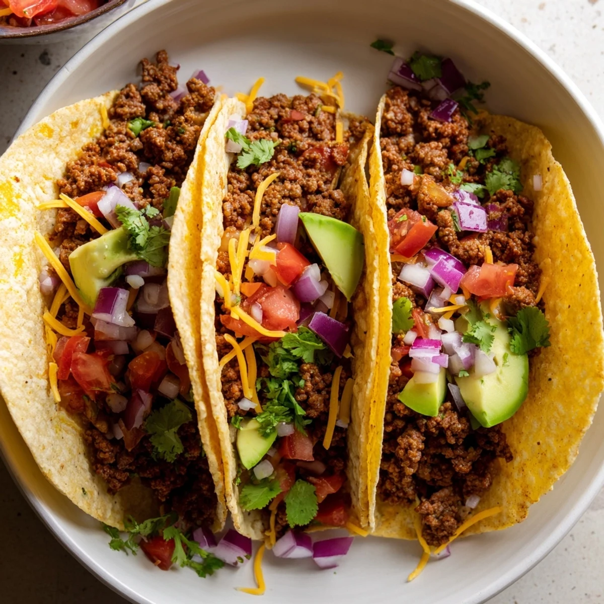 Homemade Beef Tacos filled with seasoned ground beef, melted cheese, and fresh avocado slices on warm tortillas.