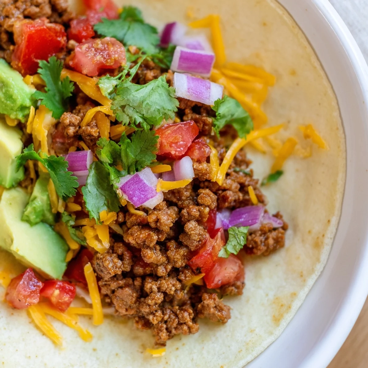 Golden-brown beef mixture simmers in homemade seasoning, piled high into soft tortillas with shredded lettuce and tomatoes.
