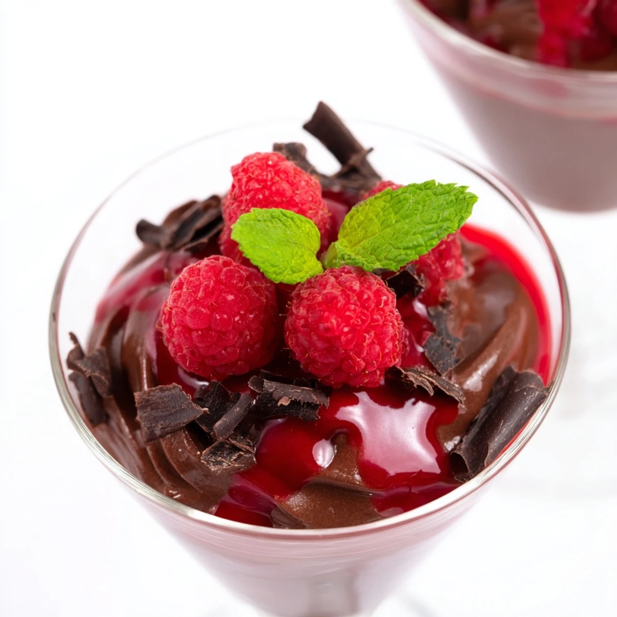 Airy French chocolate mousse garnished with chocolate shavings and fresh mint, ready to serve.