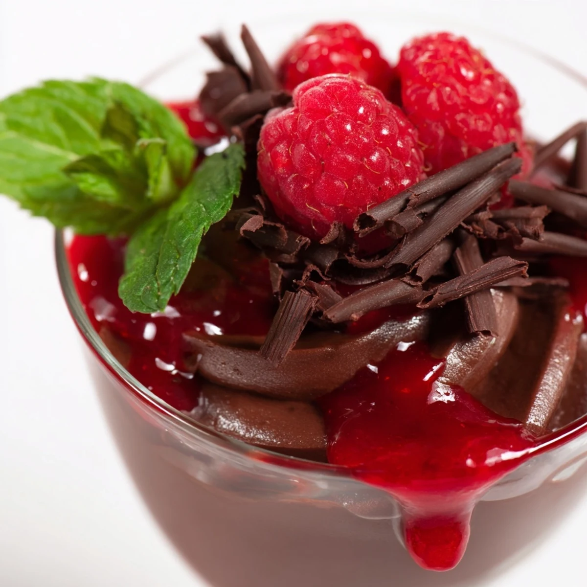 Chilled chocolate mousse in a glass topped with vibrant red raspberry coulis and fresh berries.