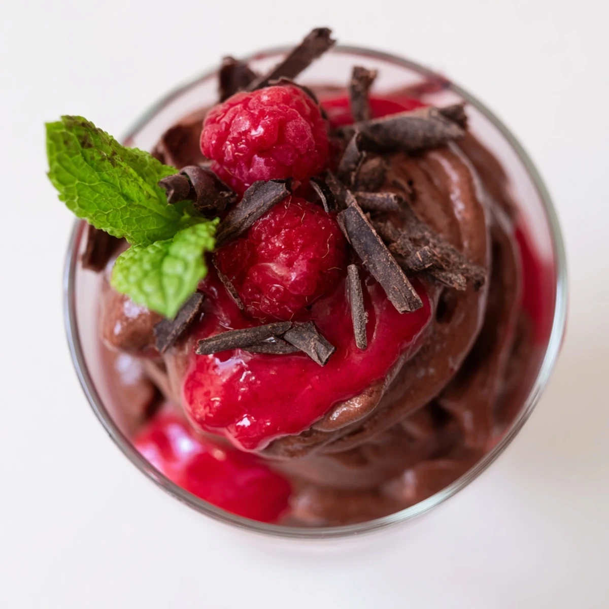 Decadent chocolate mousse dessert with a swirl of tangy raspberry sauce on a plate.