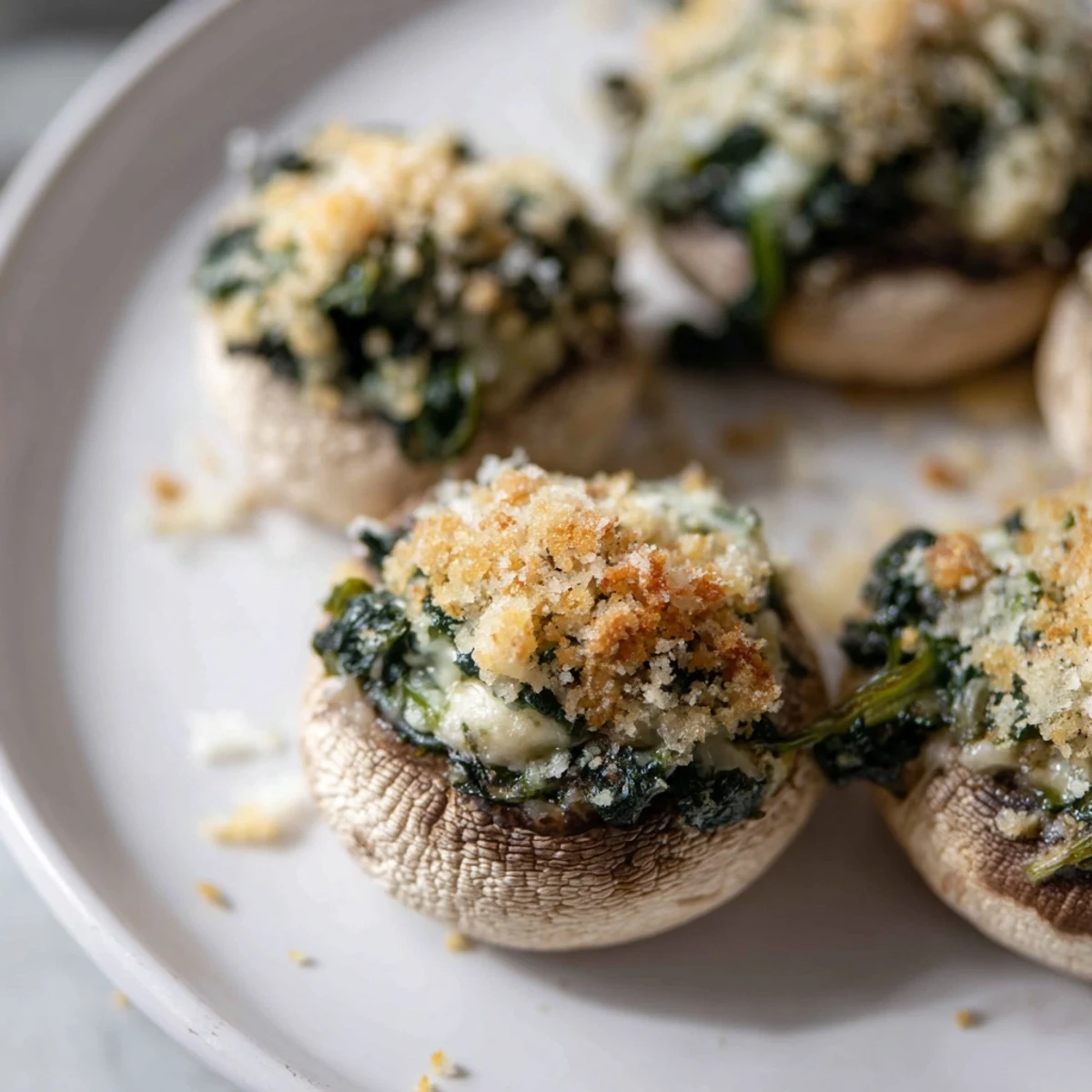 Golden-brown Vegetarian Stuffed Mushrooms overflowing with creamy spinach and melted Parmesan cheese.