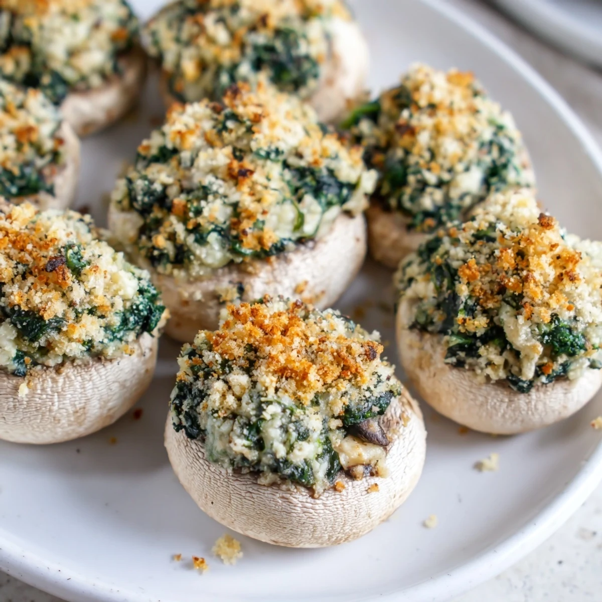 Baked Vegetarian Stuffed Mushrooms with spinach and garlic filling on a rustic wooden serving board.