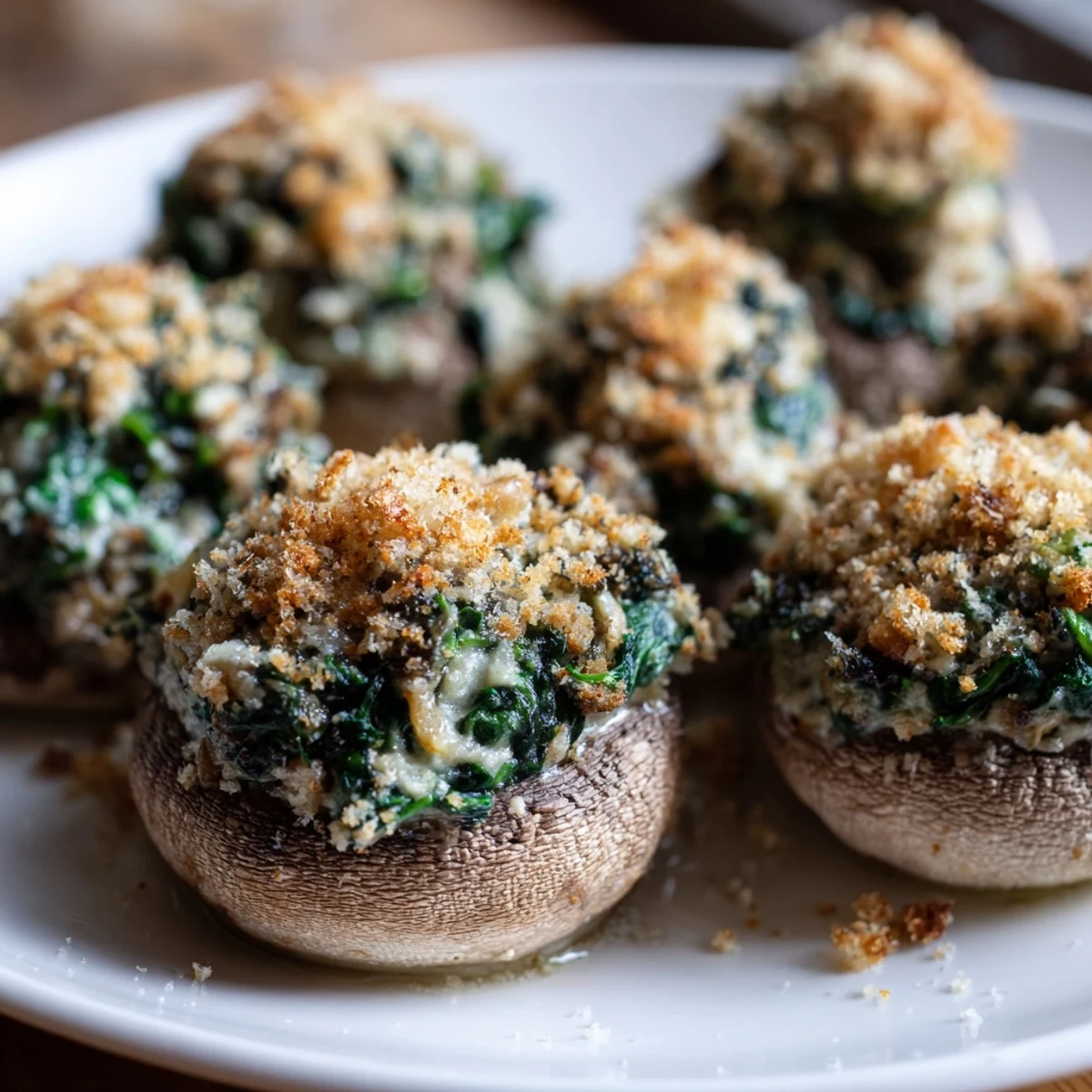 Freshly baked Vegetarian Stuffed Mushrooms with golden breadcrumbs, served warm as an elegant appetizer.