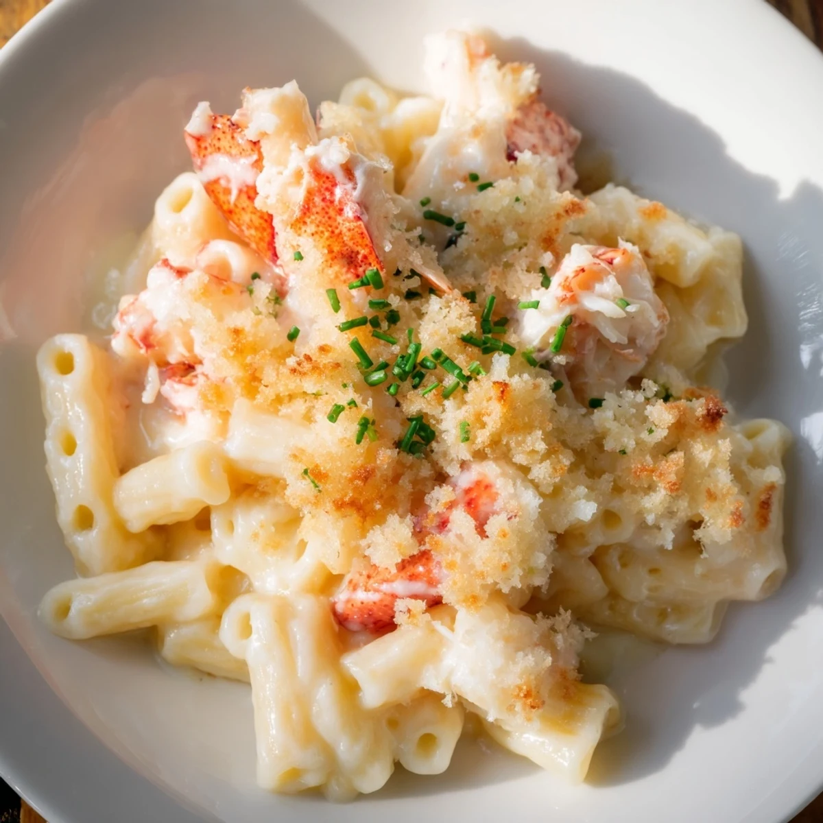 A serving of Lobster Mac and Cheese with Truffle Oil shows golden, crispy panko topping and chunks of tender lobster on creamy pasta.