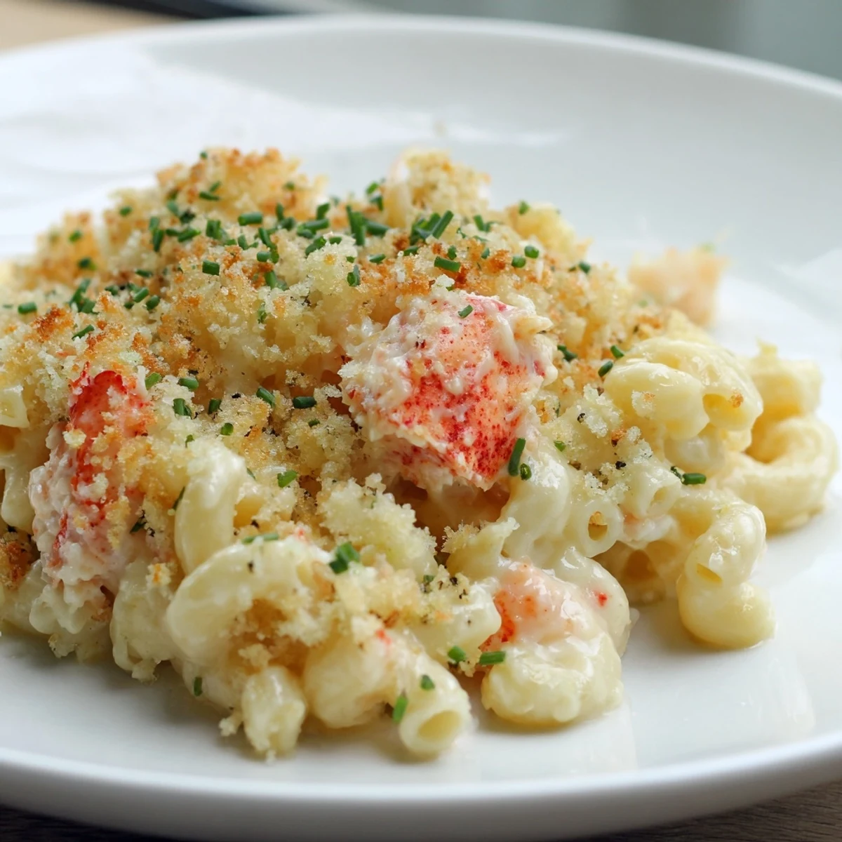 A close-up view of Lobster Mac and Cheese with Truffle Oil reveals melted Gruyère and cheddar sauce coating cavatappi in a rich, golden hue.