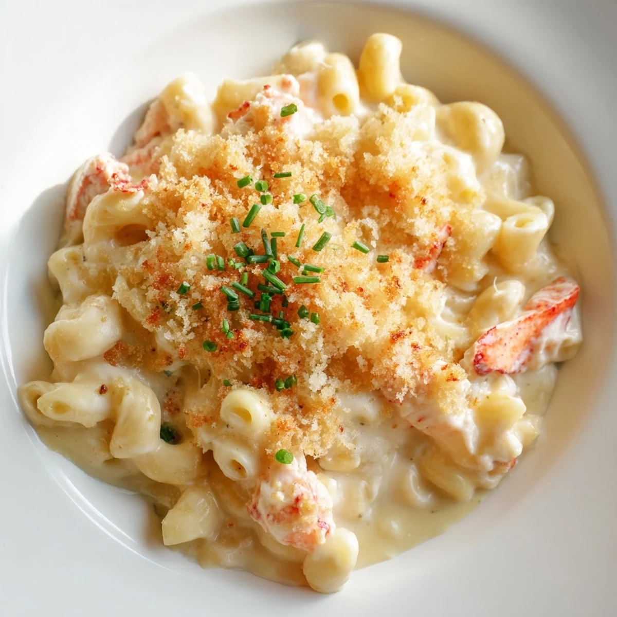 From above, Lobster Mac and Cheese with Truffle Oil is presented in a white baking dish, garnished with fresh chives for a pop of green.