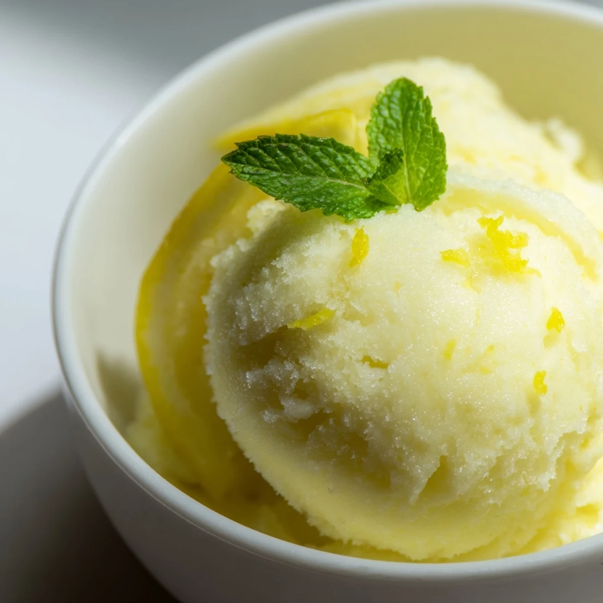 Tangy Lemonade Sorbet with Mint churned to a slushy texture, ready to serve in chilled glasses for a refreshing summer treat.