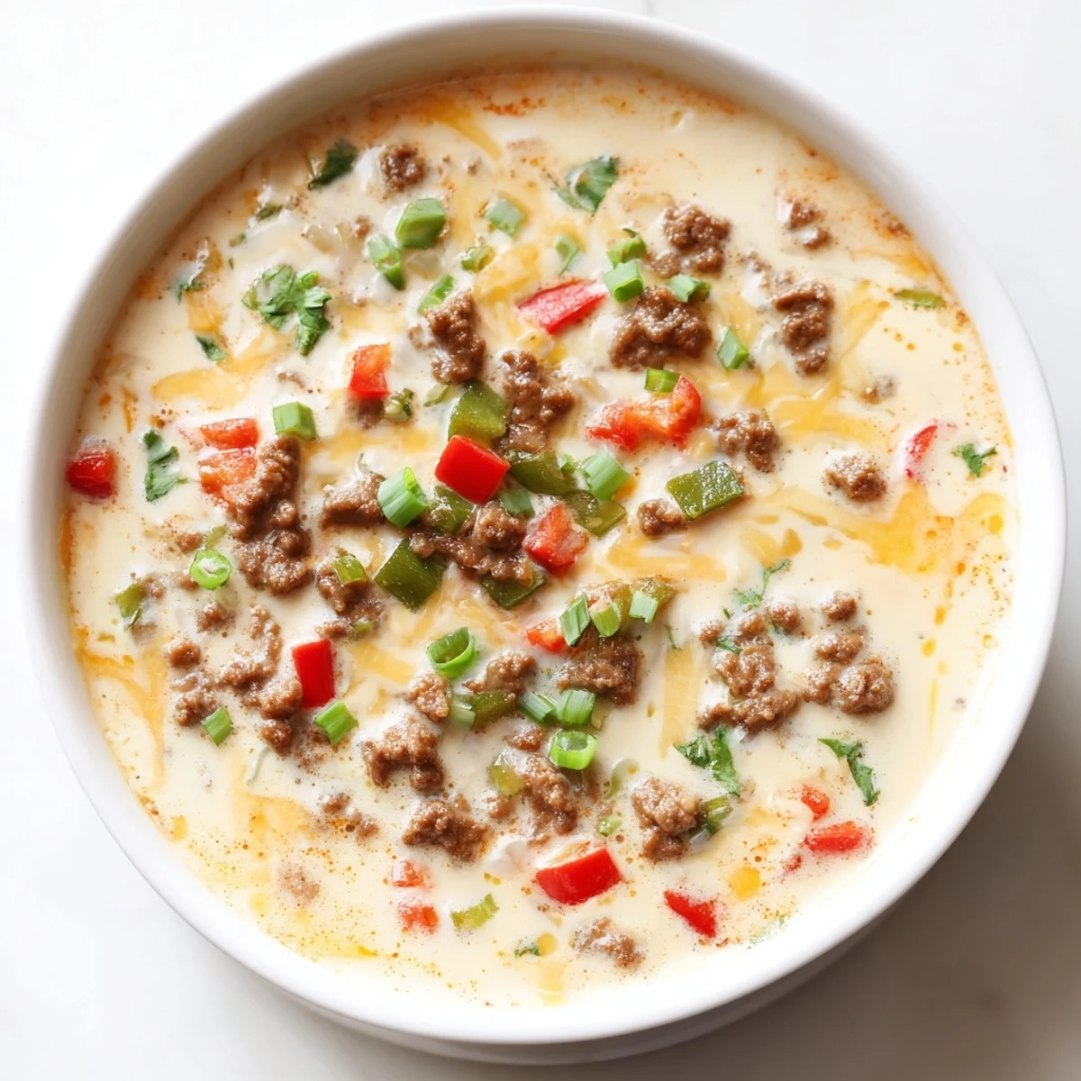 Creamy queso dip with ground beef and peppers is topped with fresh cilantro and served warm with crispy tortilla chips.
