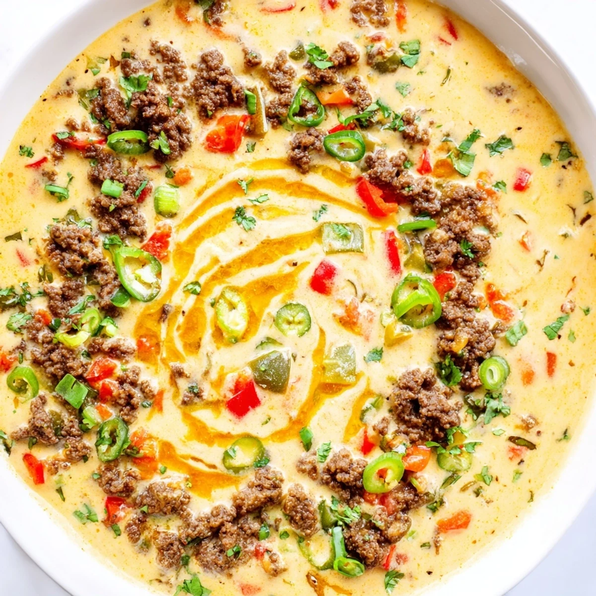 A steaming bowl of queso dip with ground beef and peppers, garnished with diced tomatoes and green onions for game day.