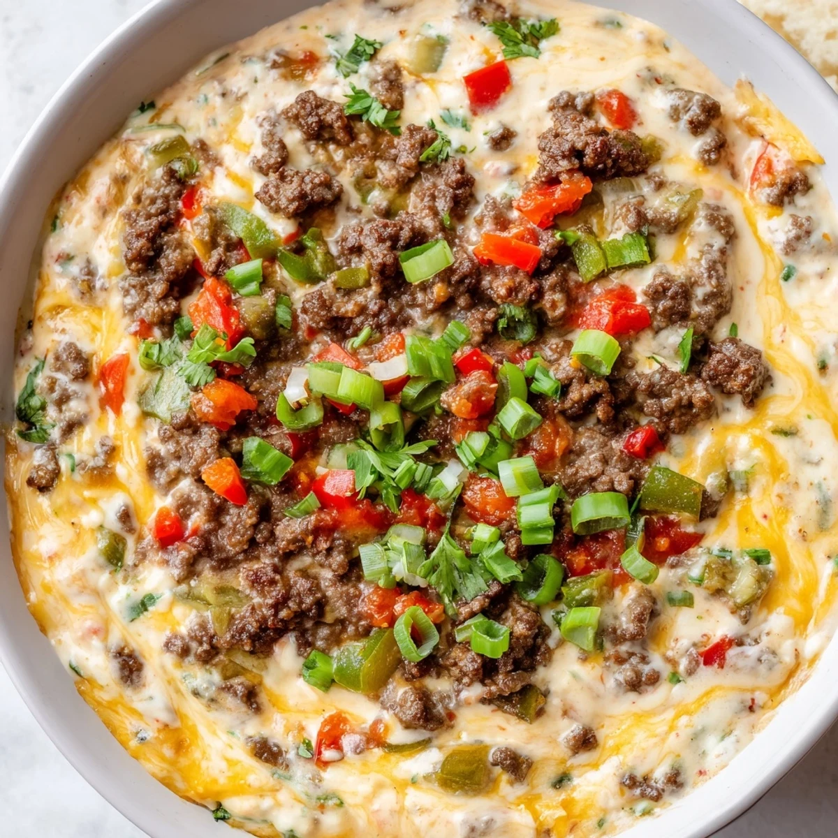 Melted cheese and savory beef simmer with colorful peppers in this Tex-Mex queso dip, ready for dipping at your party.