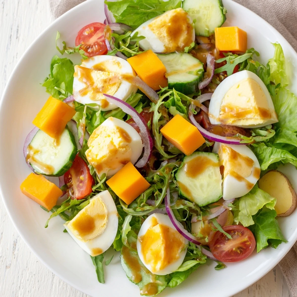 Fresh Irish Pub Salad with hard boiled eggs, crisp greens, and cubes of cheddar cheese, topped with pickled beets and drizzled with mustard vinaigrette.