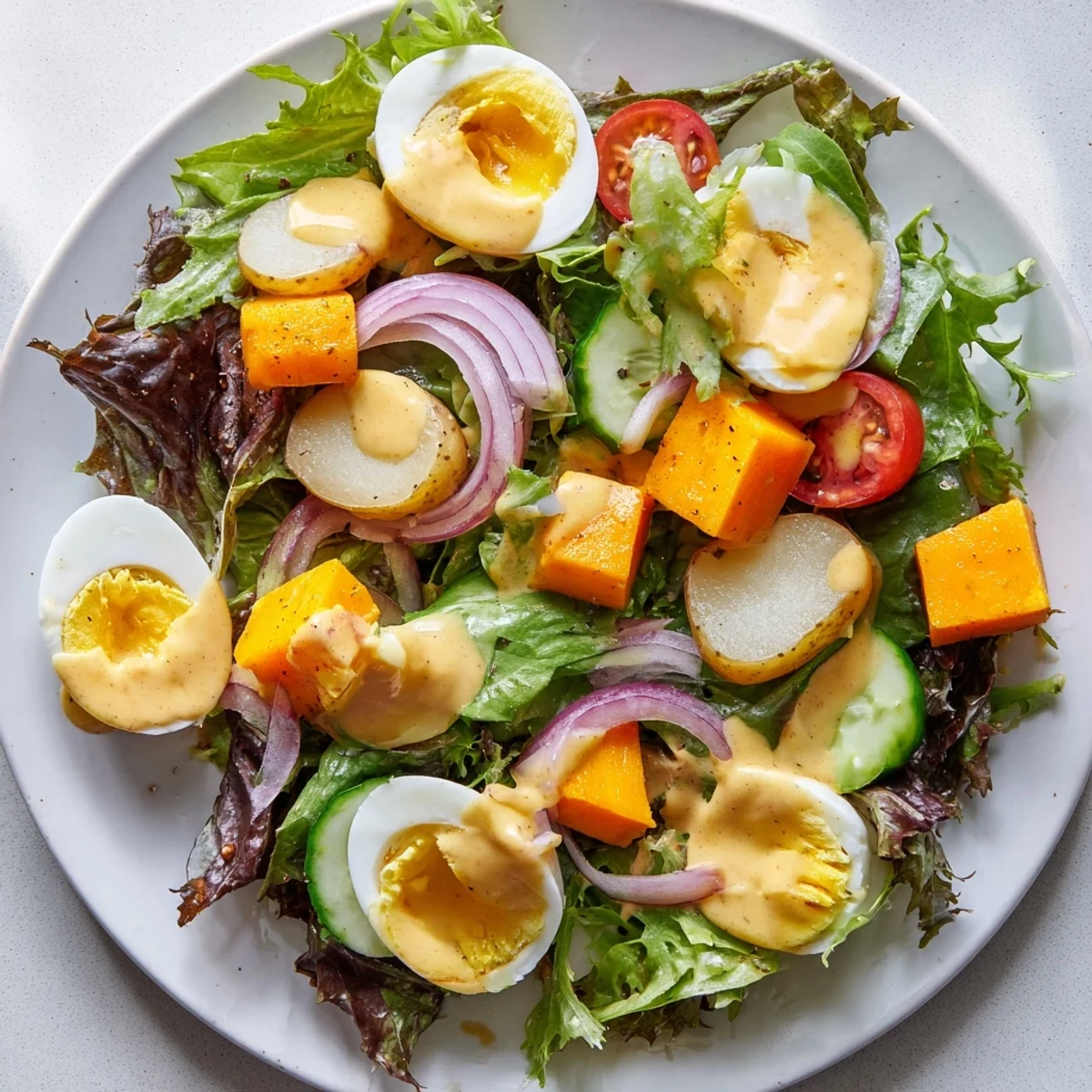 Irish Pub Salad with hard boiled eggs served in a rustic bowl, featuring halved cherry tomatoes, cucumber slices, and red onion on mixed greens.