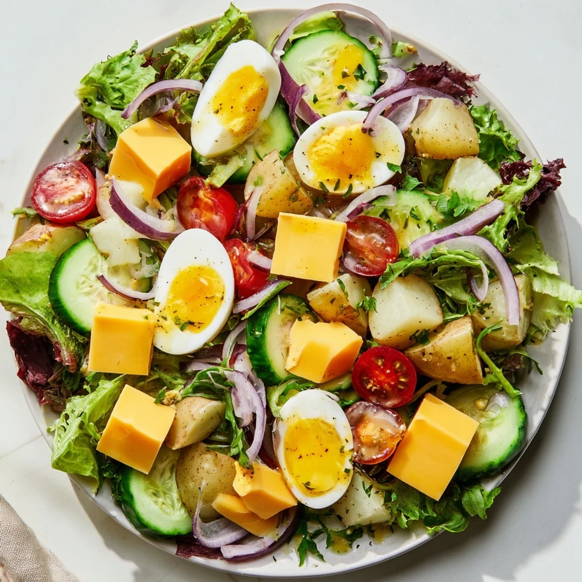Vibrant Irish Pub Salad with hard boiled eggs, creamy cheddar, tender baby potatoes, and a zesty mustard vinaigrette, ready for a hearty lunch.