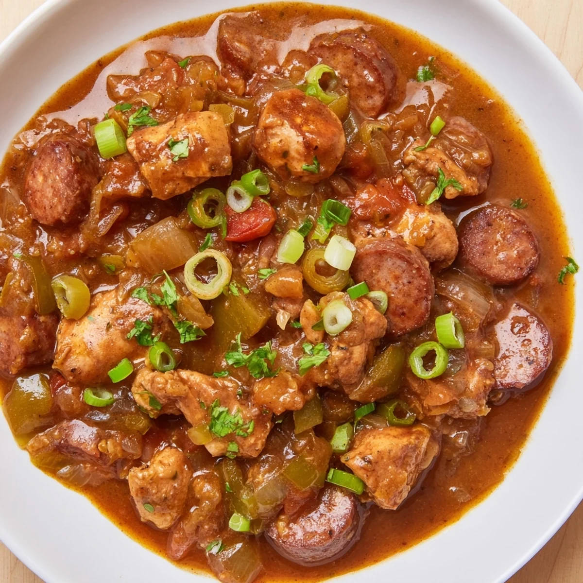 A hearty bowl of Gumbo with Turkey Sausage and Chicken served over fluffy white rice with fresh parsley garnish.  