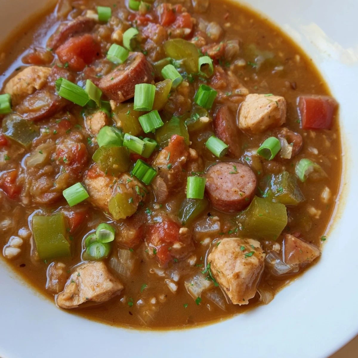 Steaming Gumbo with Turkey Sausage and Chicken in a rustic Dutch oven, featuring smoky sausage and tender chicken pieces.  