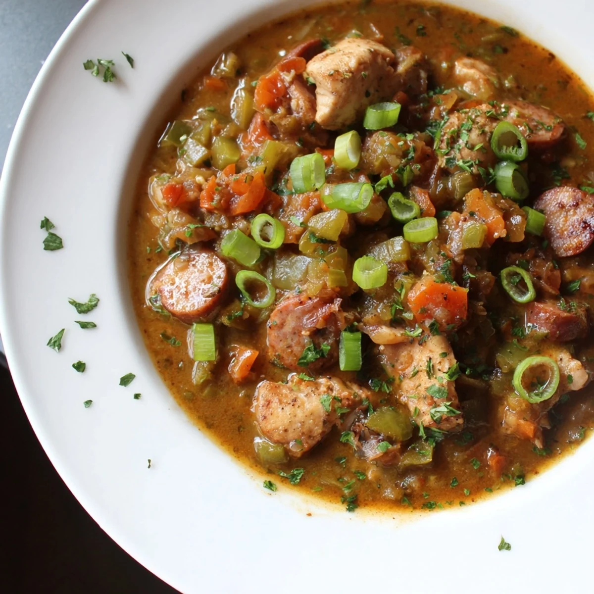 A ladle lifts savory Gumbo with Turkey Sausage and Chicken from a pot, revealing a rich, dark roux-based broth.