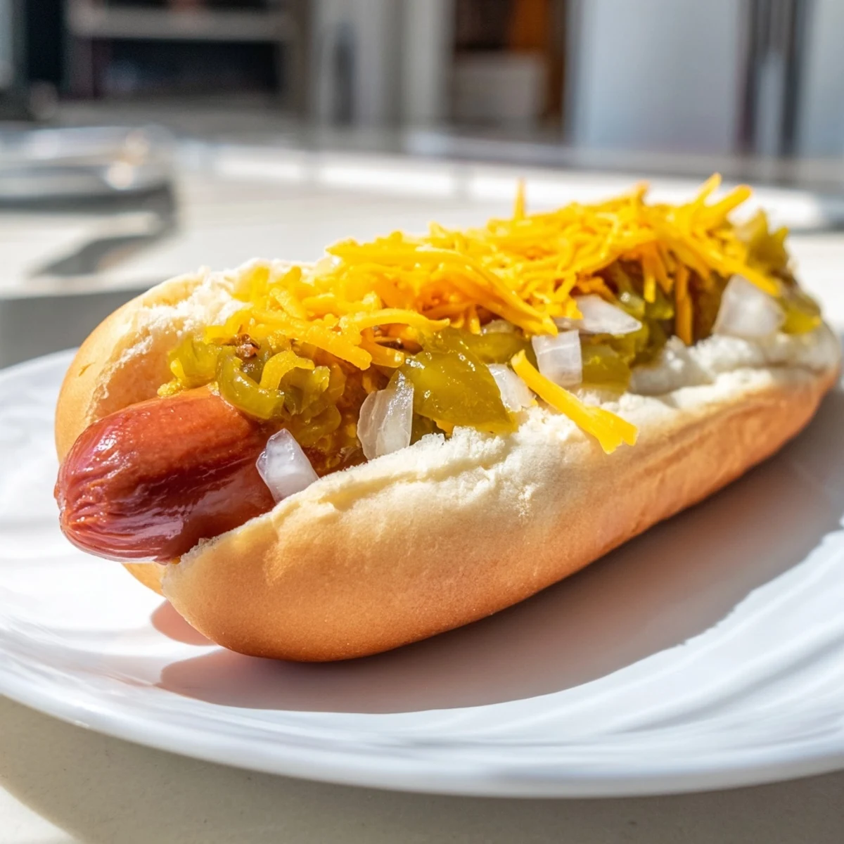 A close-up view of a customizable hot dog bar displays golden franks nestled in soft buns, with vibrant relishes, cheeses, and crunchy onions ready to pile on.  