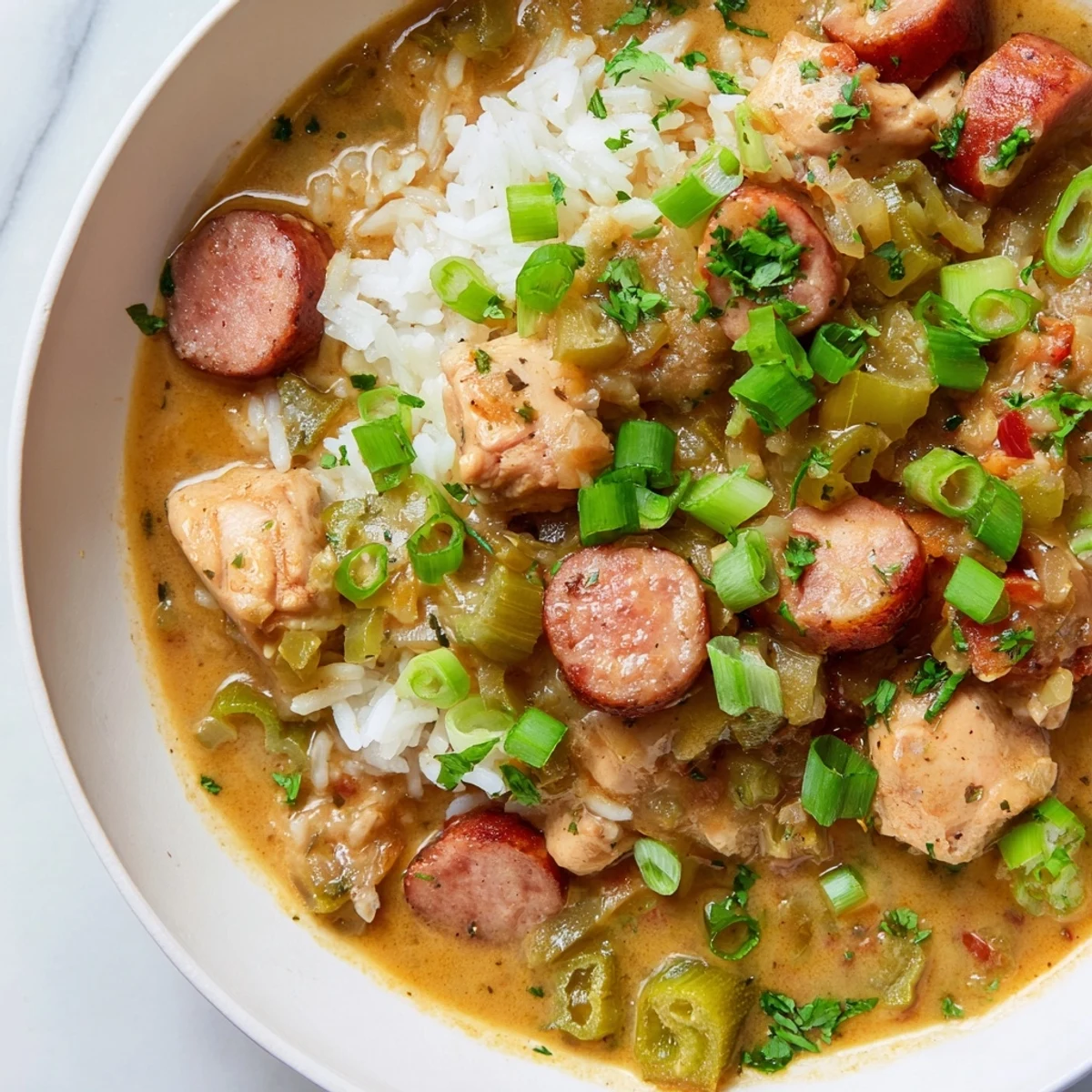 Hearty bowl of Gumbo with Turkey Sausage and Chicken features tender chicken and smoky sausage in a rich, spiced roux.  