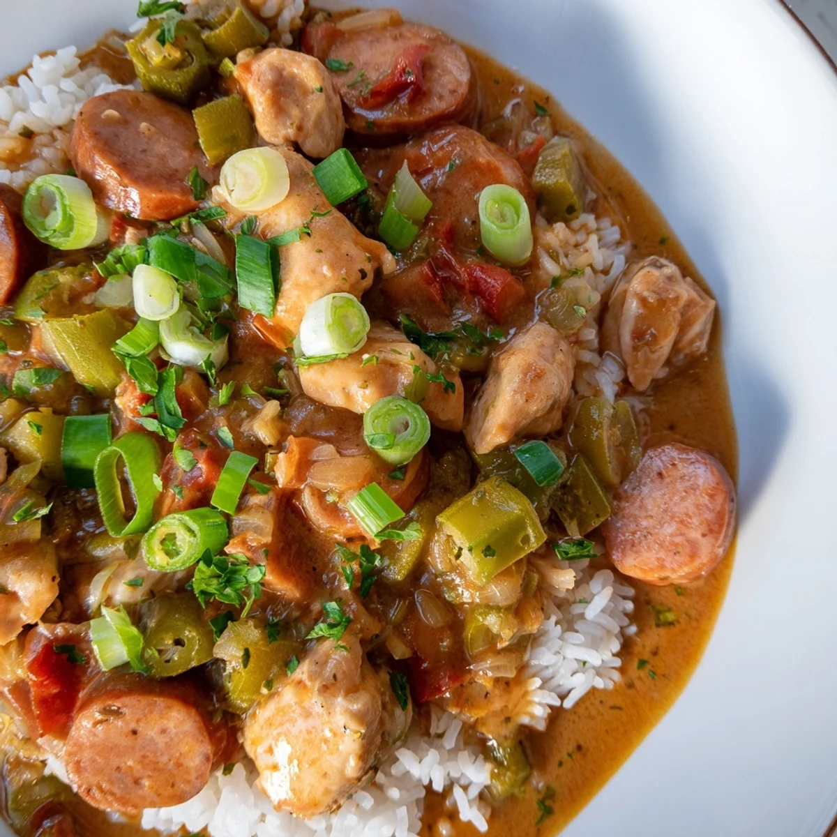 Vibrant photo of Gumbo with Turkey Sausage and Chicken highlights diced vegetables and okra in a hearty, comforting stew.