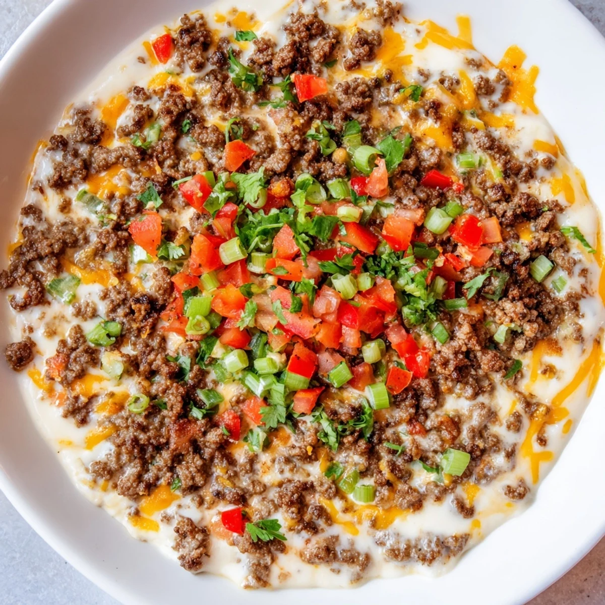 Close-up of creamy Queso Dip with Ground Beef and Peppers, featuring melted cheese and colorful sautéed peppers.  