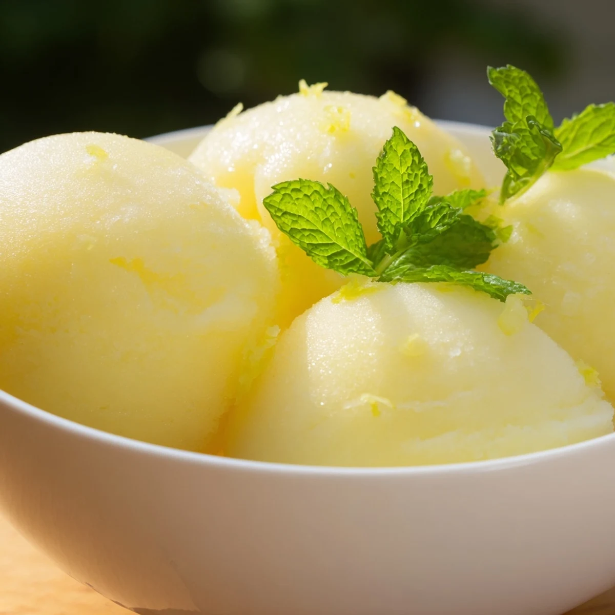 Scoops of tangy lemonade sorbet topped with a sprig of mint, served on a rustic wooden table for a refreshing treat.