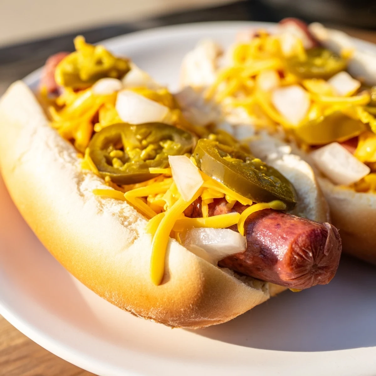 Juicy beef franks nestled in soft buns, topped with mustard, ketchup, and relish at a vibrant hot dog bar.