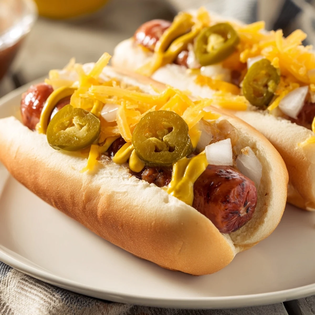 Sizzling beef franks on a toasted bun, ready for classic toppings like sauerkraut and onions, perfect for family gatherings.