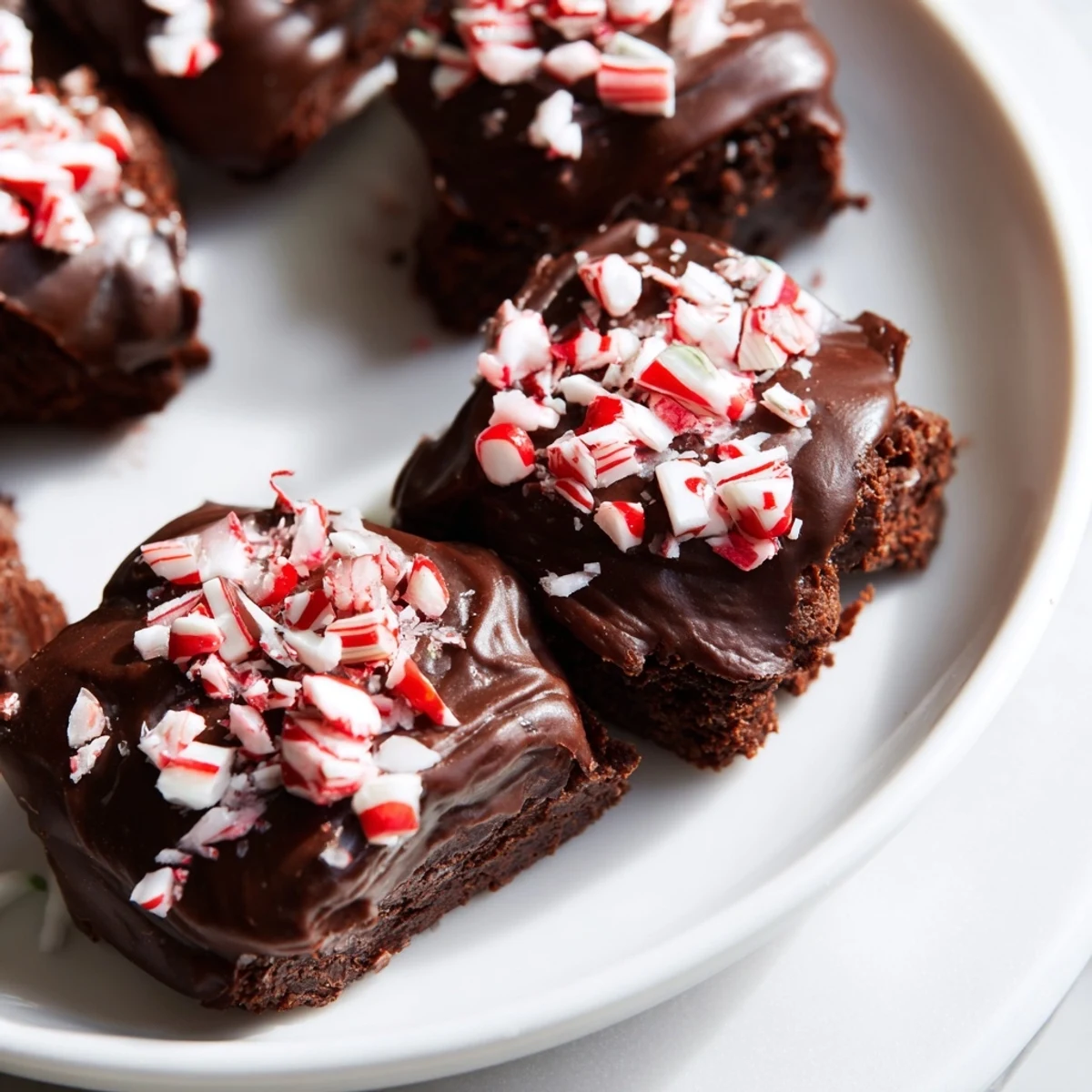 A close-up of Mint Brownie Bites with Ganache showing fudgy dark chocolate squares topped with silky glossy ganache and crushed peppermint candy.  