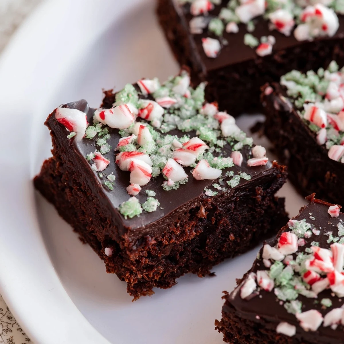 Mint Brownie Bites with Ganache stacked on a white plate, revealing moist chocolate interiors and cool mint flavor in each bite.  