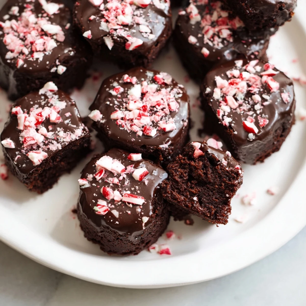 Overhead view of Mint Brownie Bites with Ganache arranged on a wooden board, a rich chocolate dessert garnished with fresh mint leaves.