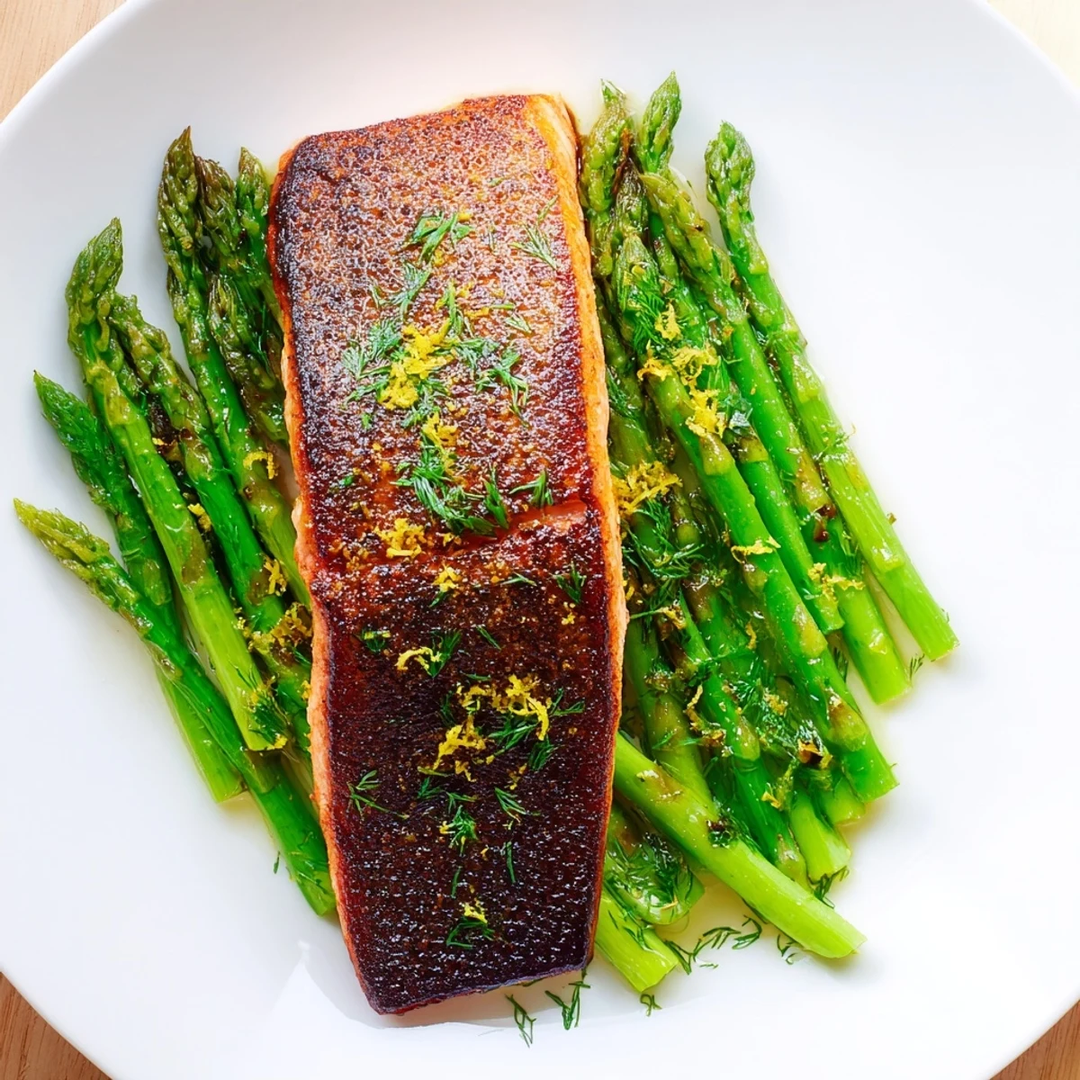 Perfectly cooked Pan Seared Salmon with Asparagus Spears plated on white ceramic, featuring crispy skin, tender green spears, and a drizzle of lemon butter sauce.